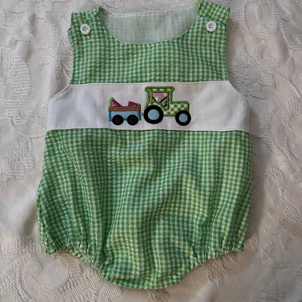 Green Gingham bubble with Tractor Design